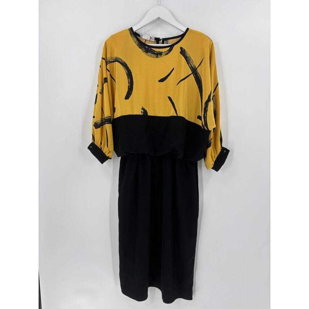 David Warren Vintage Dress Womens 14 Black Gold Union Made Silk Blouson 70s 80s